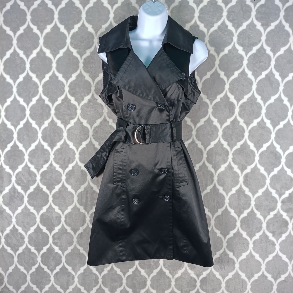 Bebe Trench Dress Size Small Black Sleeveless Double Breasted Belted Shiny Satin